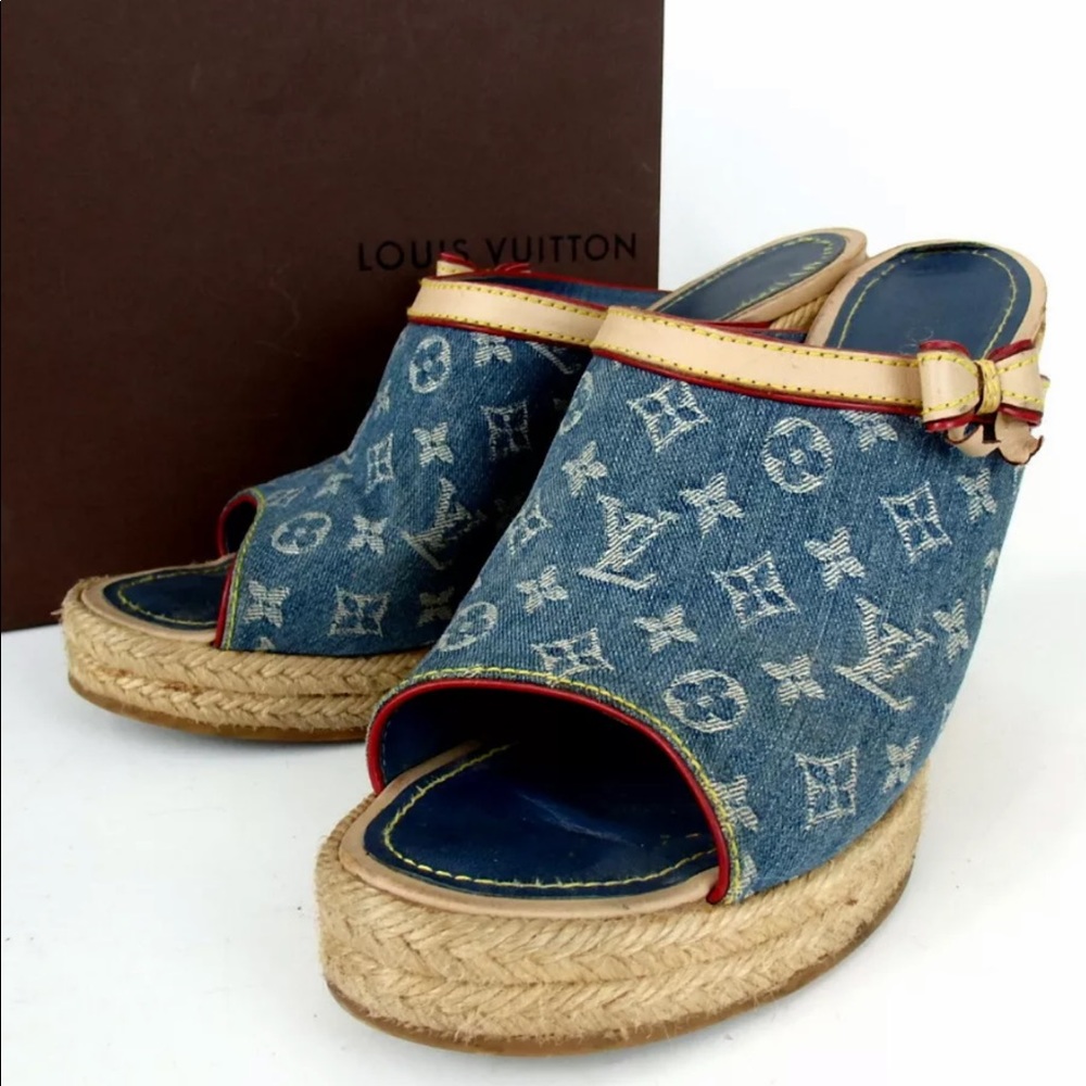 Louis Vuitton Denim Wedge Espadrilles Bow Sandals - Picture 12 of 12